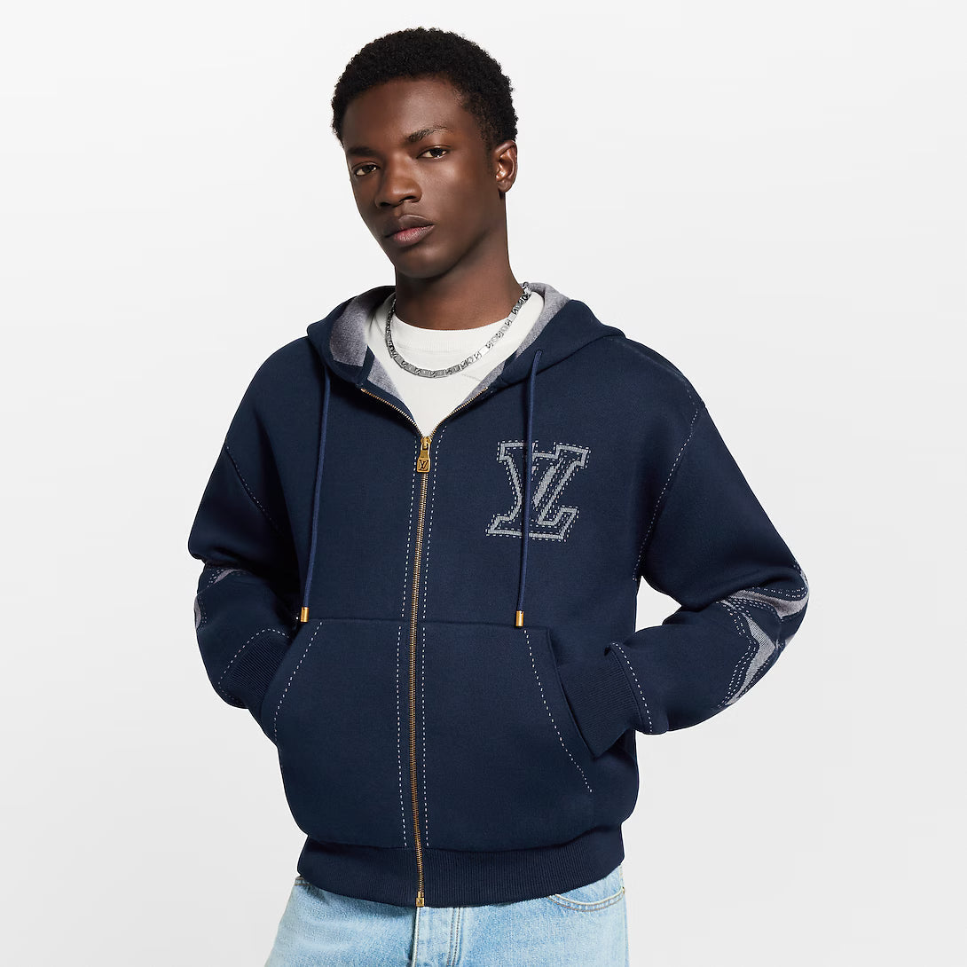 Graphic Intarsia Zipped Cotton Hoodie
