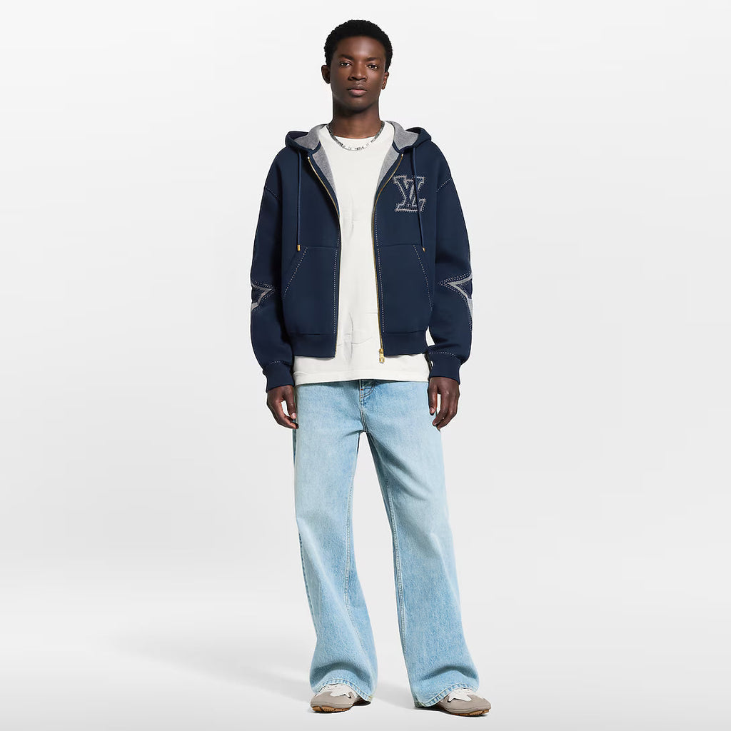Graphic Intarsia Zipped Cotton Hoodie