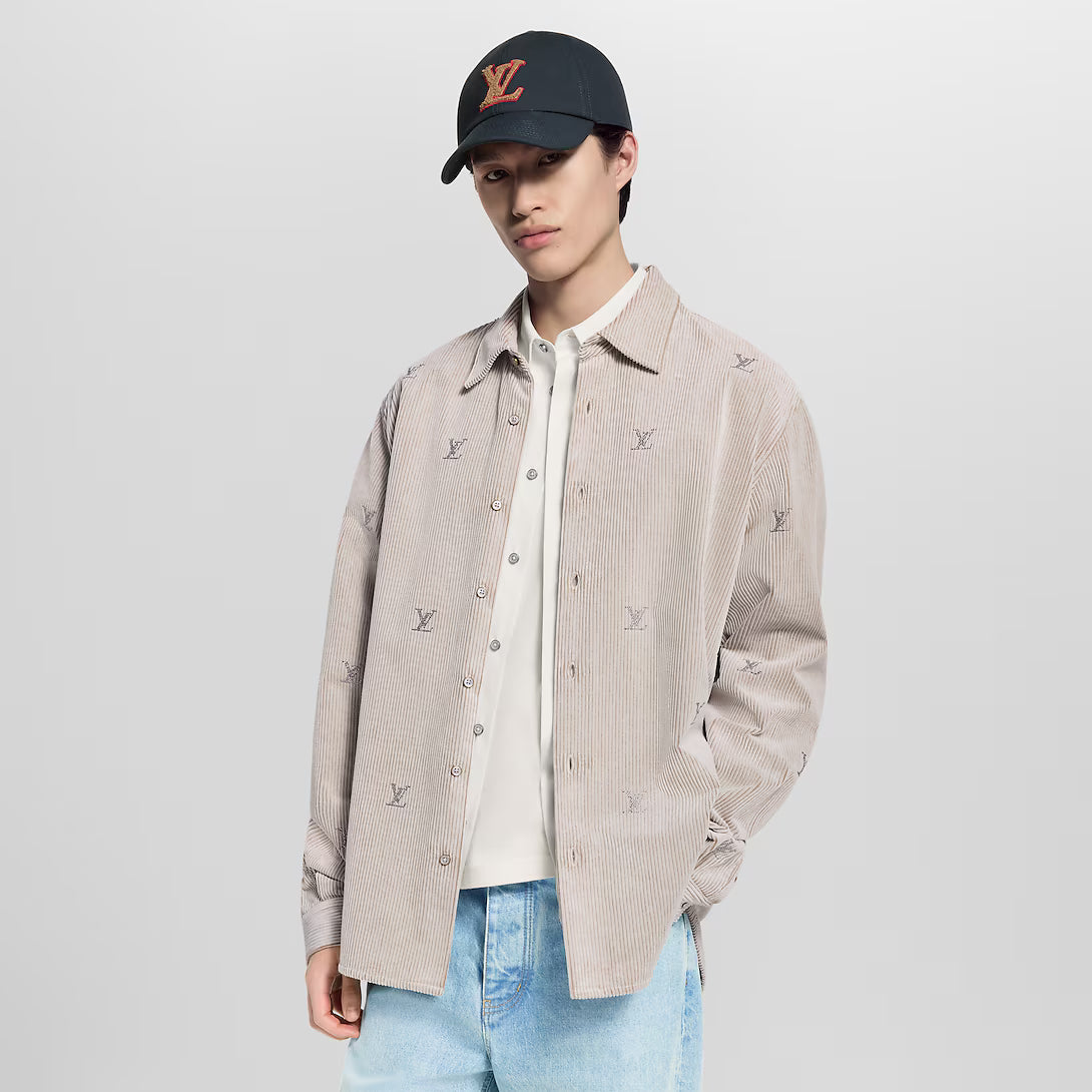 Blason Embellished Long-Sleeved Corduroy Shirt